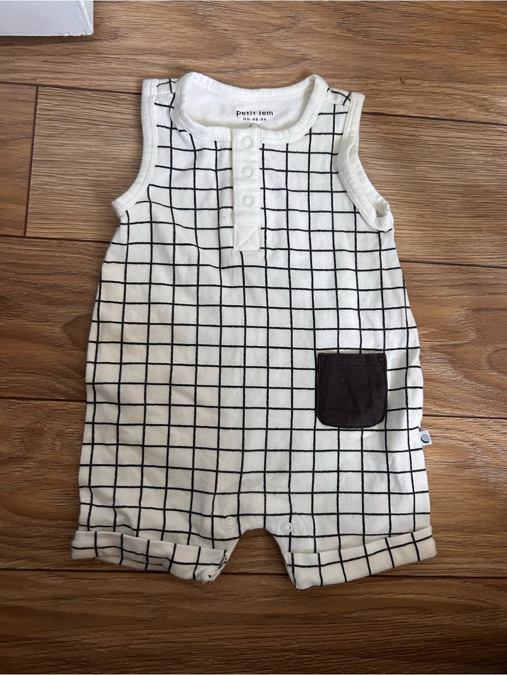Petit Lem Cream Grid Romper with Black Pocket